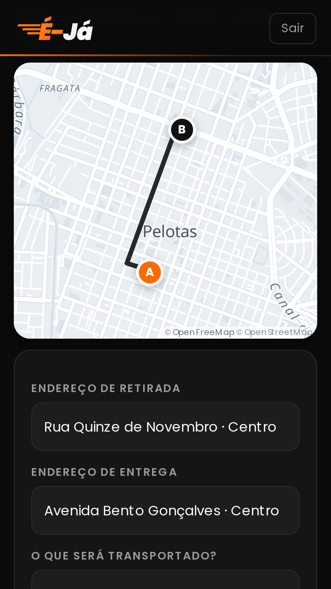 App É-Já: cotação de entrega em Pelotas
