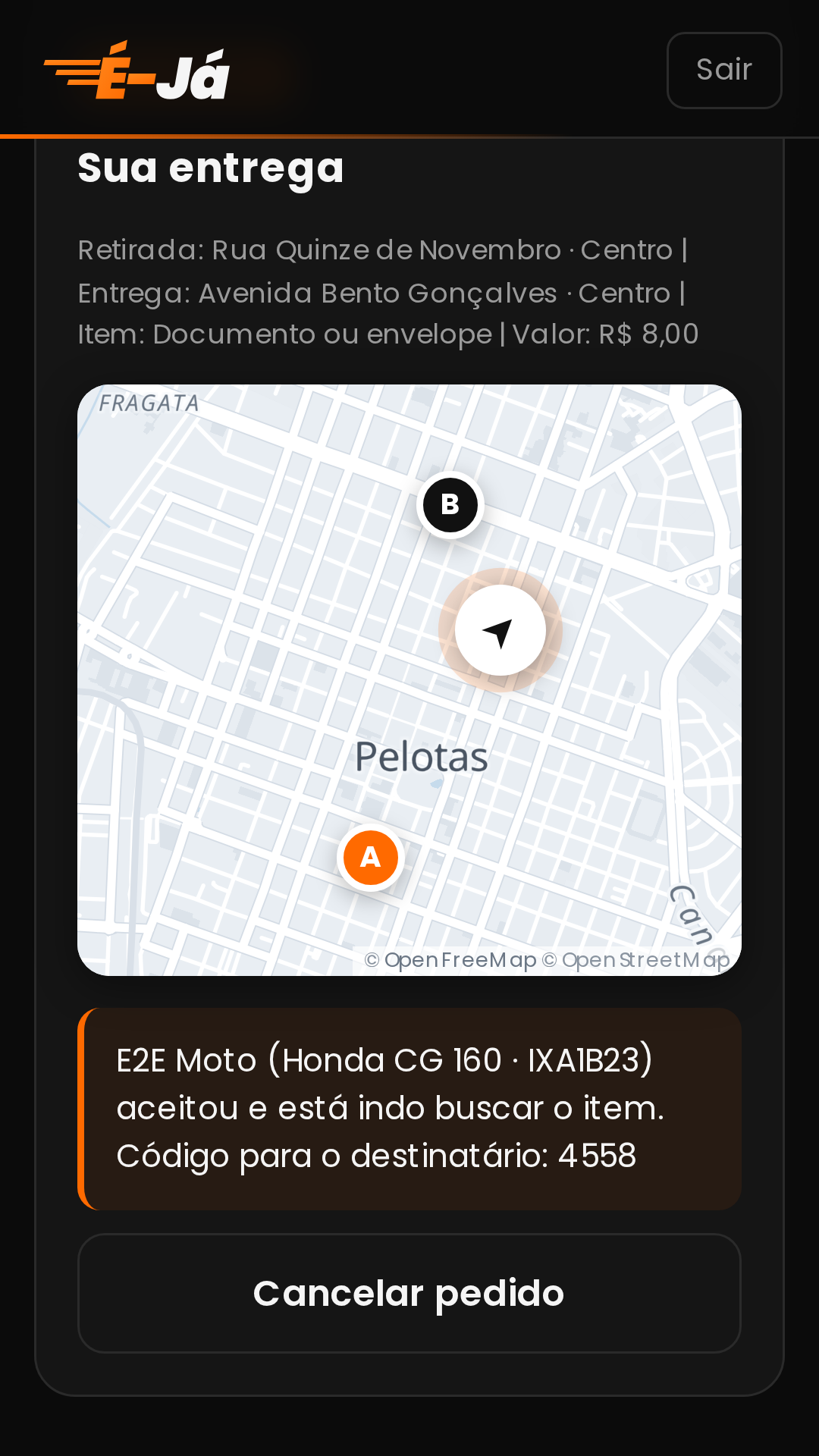 Rastreio ao vivo do motoboy no app É-Já
